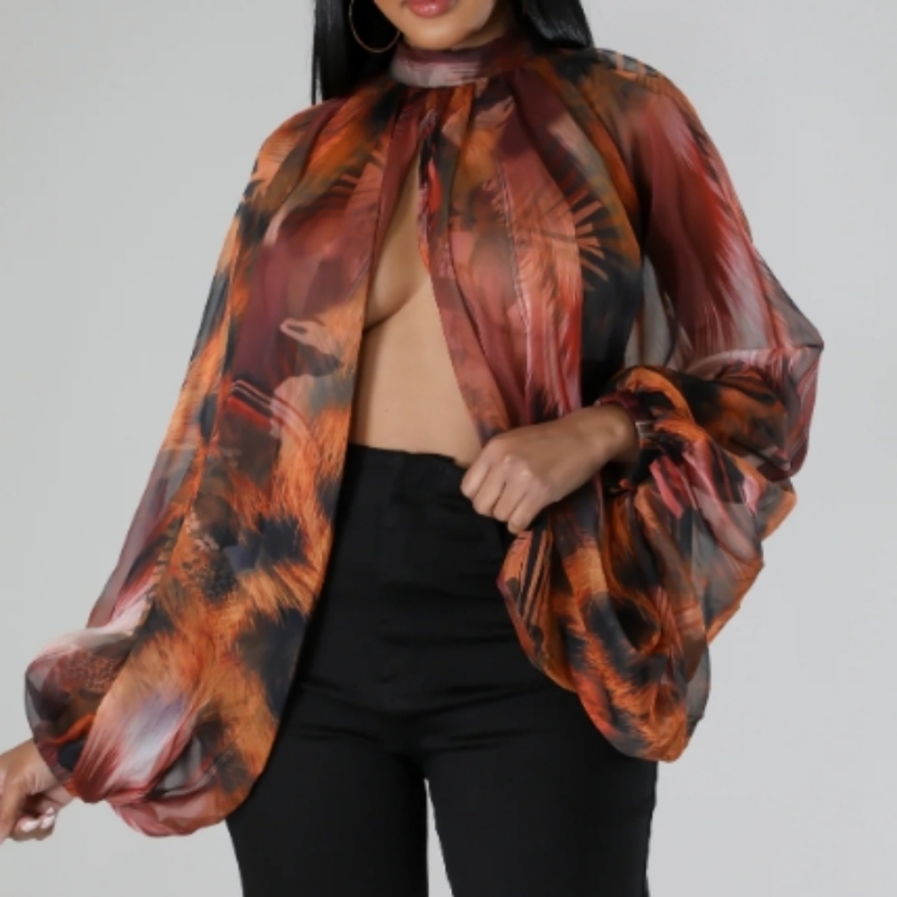 Love Highlight Animal Mix Sheer Balloon Sleeve Blouse